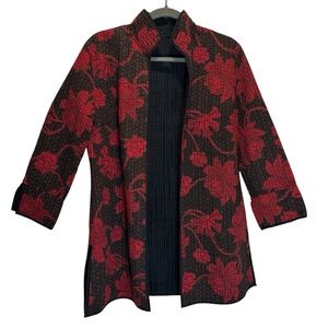 Red & Brown Floral Print Asian Inspired Quilted Jacket, Brand Unknown - Small